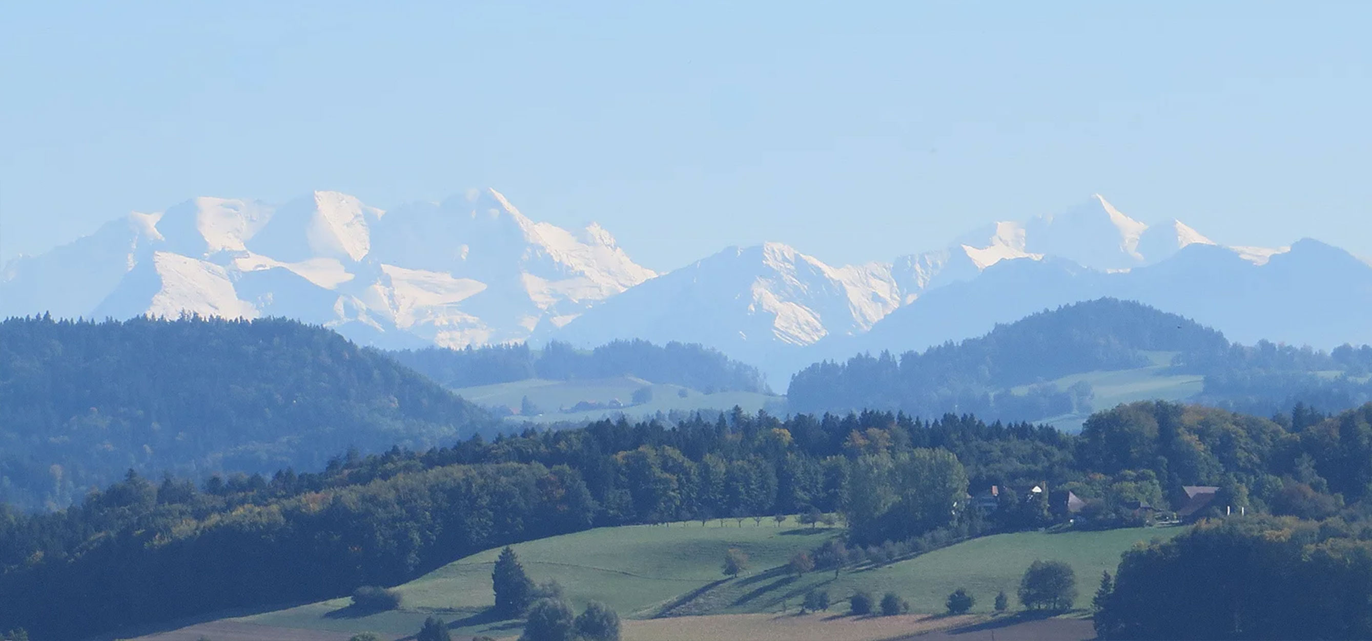 Bild zeigt Fernblick auf grünen Almen und beschneite Berge.